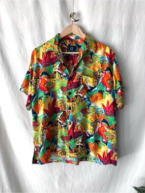 Vibrant Multi-Color Tropical Short Sleeve Button-Down Shirt
